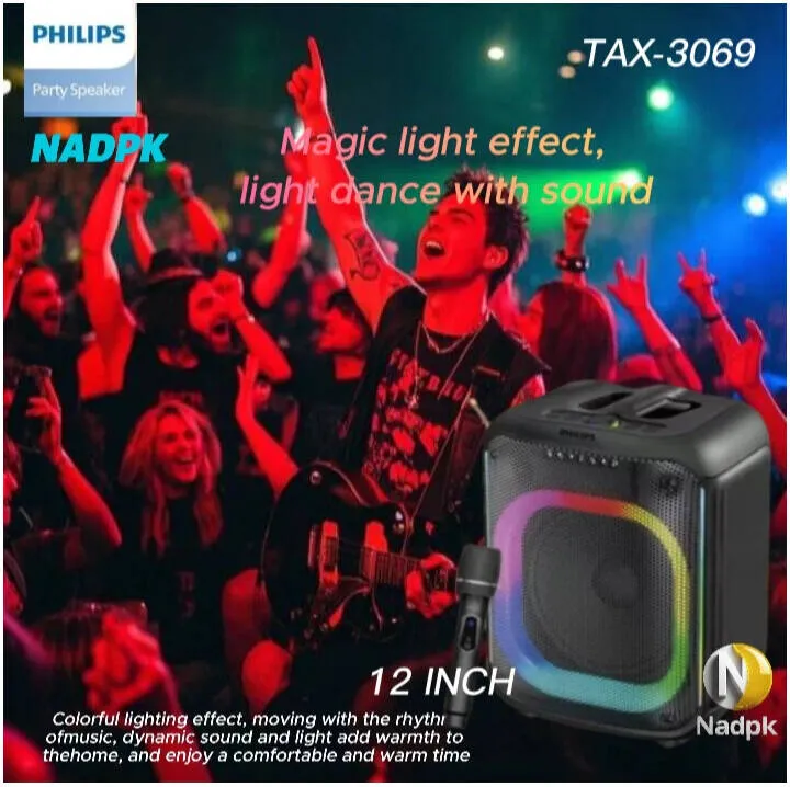 Philips TAX 3069 Bluetooth Boombox Party Speaker 40W, Portable Speaker with Wireless Microphone, Guitar Input, LED Lights & USB/AUX Connectivity | TAX3069 3