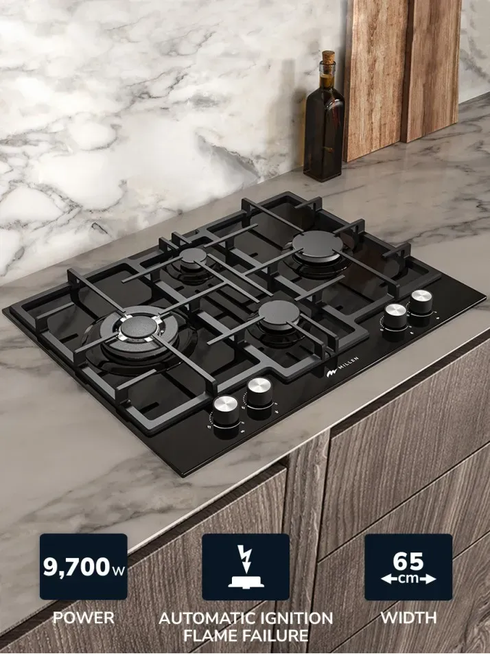 Millen built in 65cm black glass with SABAF burners glass hob MGHG6502BL