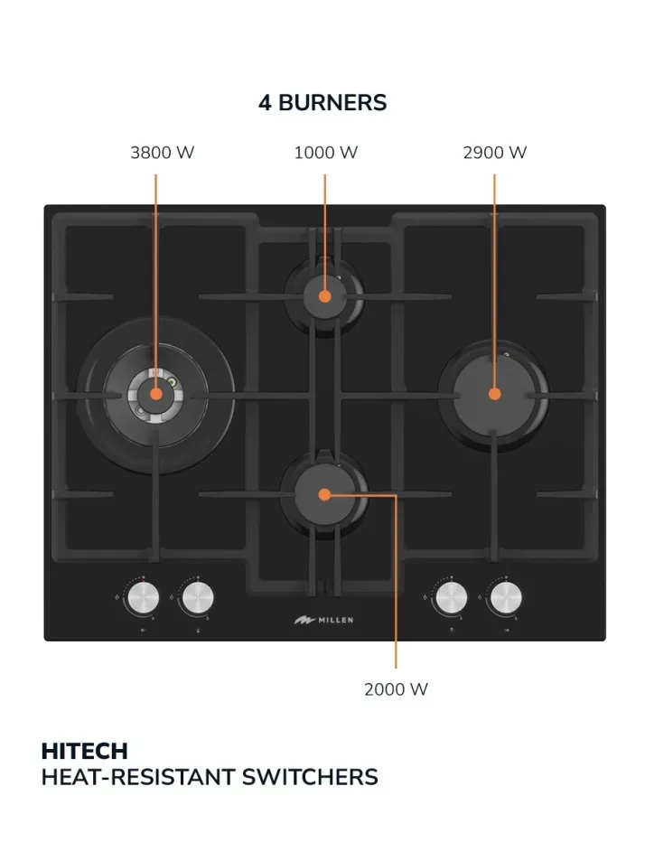Millen built in 65cm black glass with SABAF burners glass hob MGHG6502BL 3