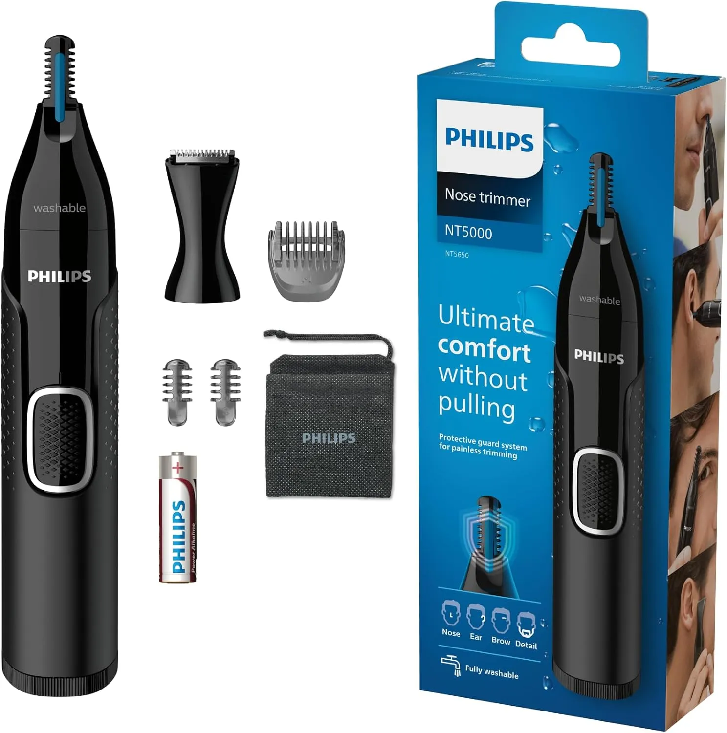 Philips NT5650 Nose Trimmer: Waterproof, 3 combs, detail head & AA battery.