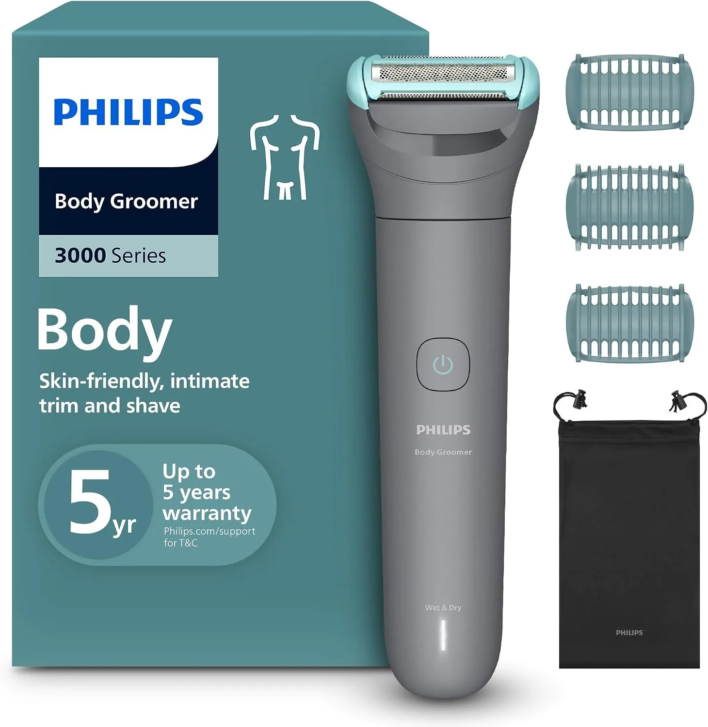 Philips Body Groomer BG3480/15 | Trim & shave body hair & balls | 100% showerproof | Skin-friendly | 2 & 3 mm combs | 80 min cordless | Battery indicator | USB charging