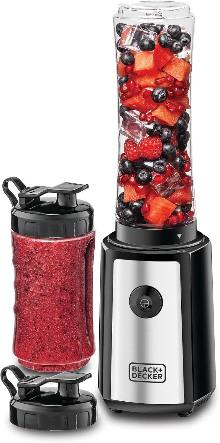 Black & Decker Sports Blender/Smoothie Maker, 300W, 6 Piece with 500ml & 300ml Sports Bottle, 21500 RPM with Turbo Speed, SS Blades to Pulverize Ice & Frozen Fruits, SBX300-B5