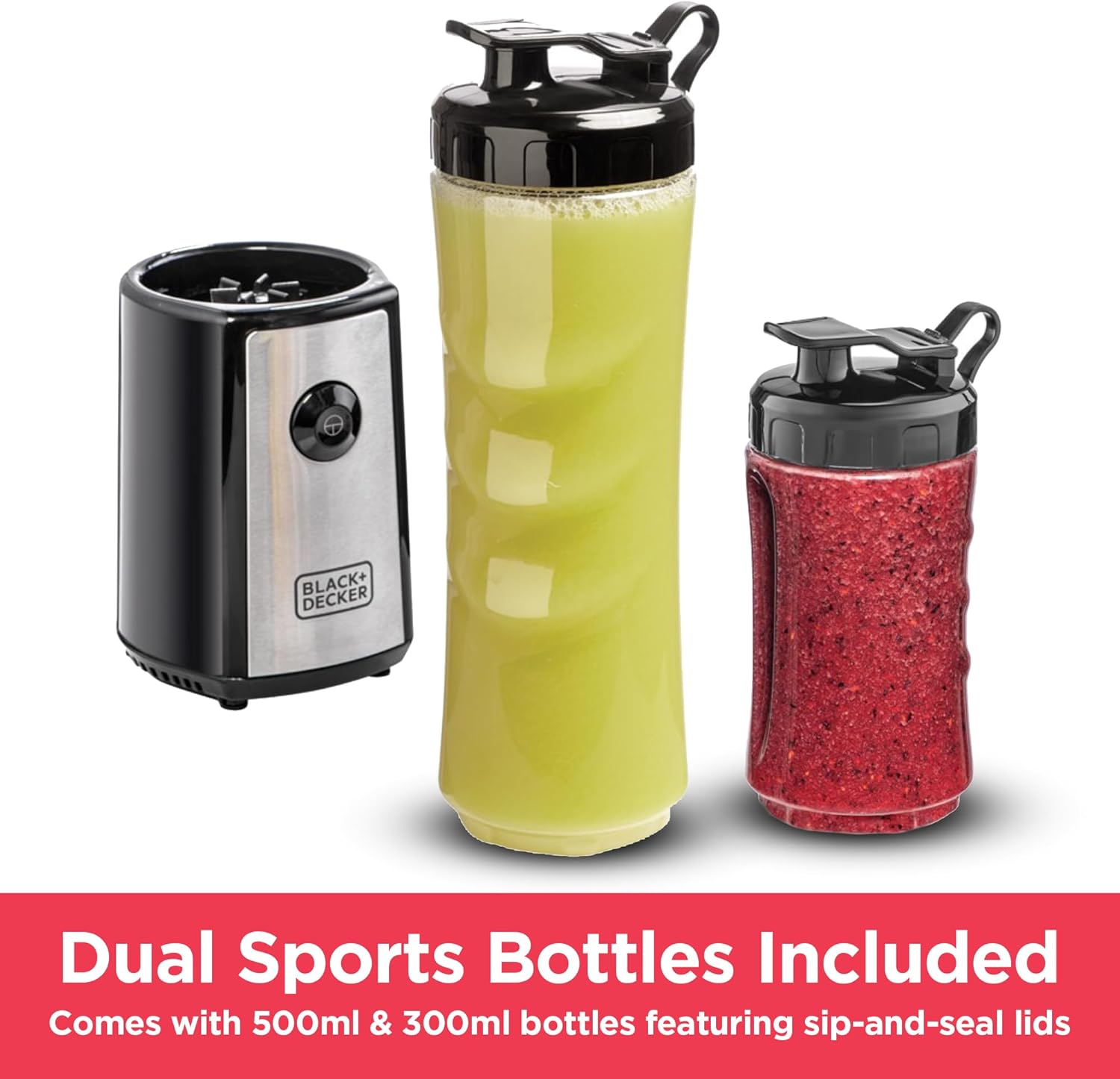 Black & Decker Sports Blender/Smoothie Maker, 300W, 6 Piece with 500ml & 300ml Sports Bottle, 21500 RPM with Turbo Speed, SS Blades to Pulverize Ice & Frozen Fruits, SBX300-B5 4