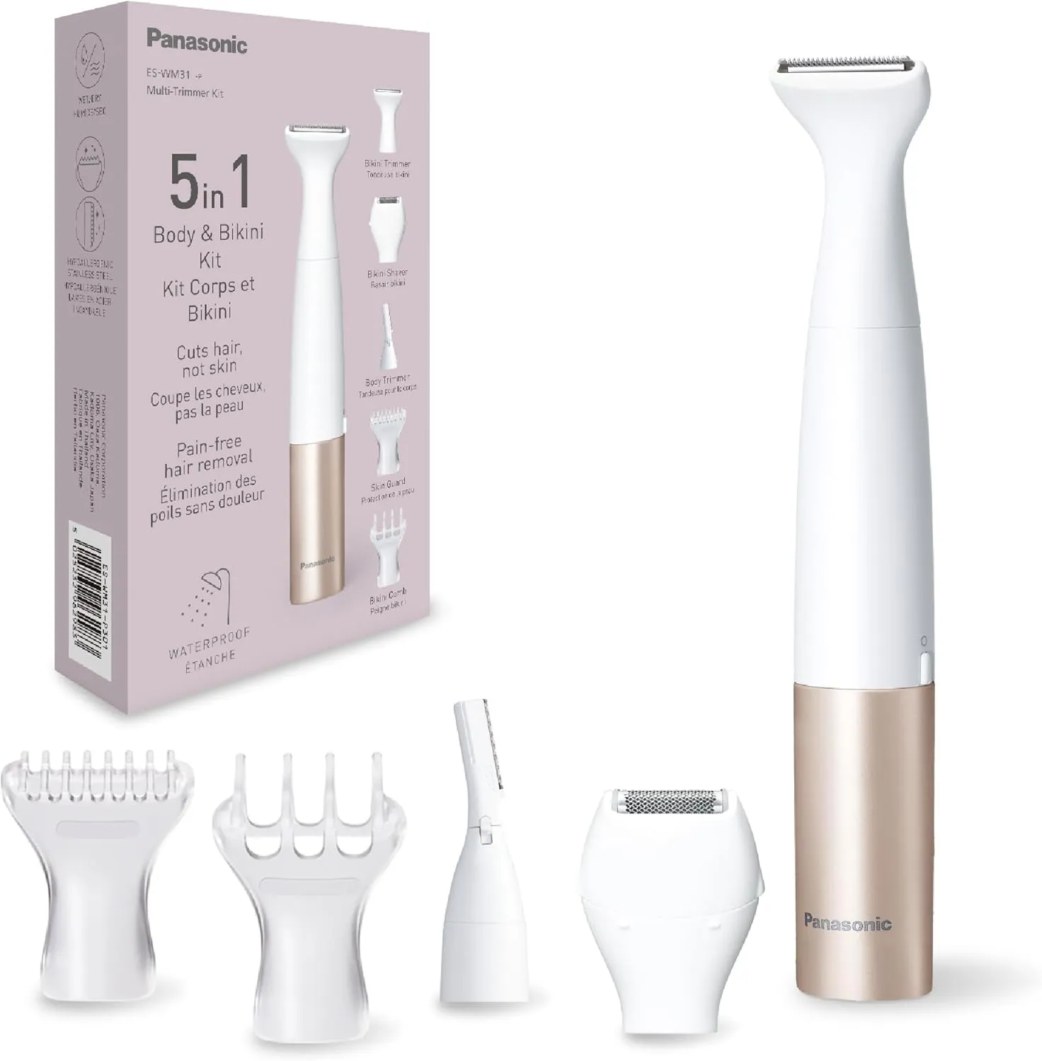Panasonic ES-WM31 5-in-1 Multi Trimmer Body & Bikini Zone, Hair Remover for Women, Women's Razor, 5 Attachments, IPX7 Waterproof, Wet & Dry, Battery Operated (1 x AA Required), White Gold