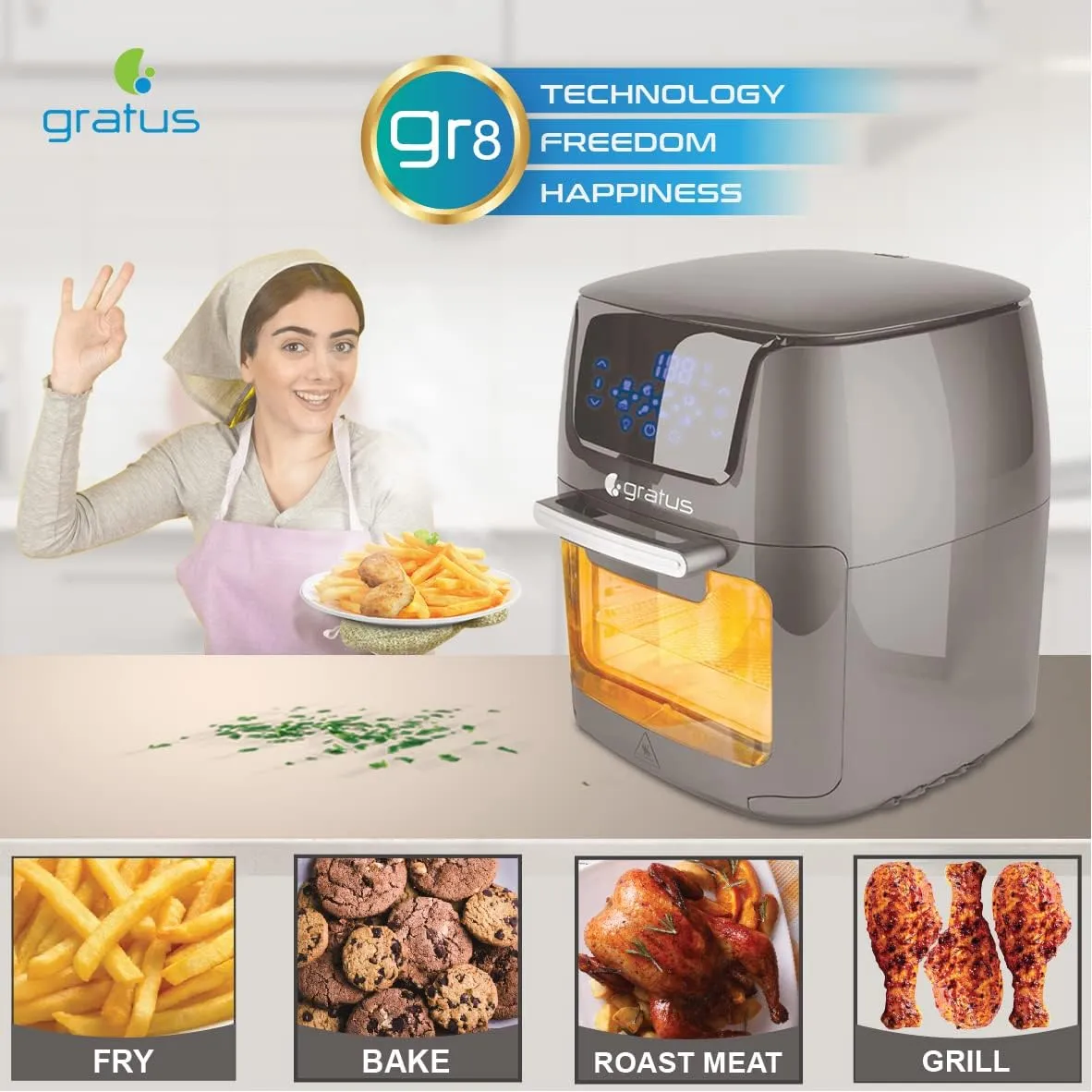 Gratus Air Fryer, The healthy Airfyer which leads you to Oil free,Low fat cooking. 12L Capacity, Digital Display,2 Year Warranty, Overheating Protection Function Inbuild, 1800 W 4