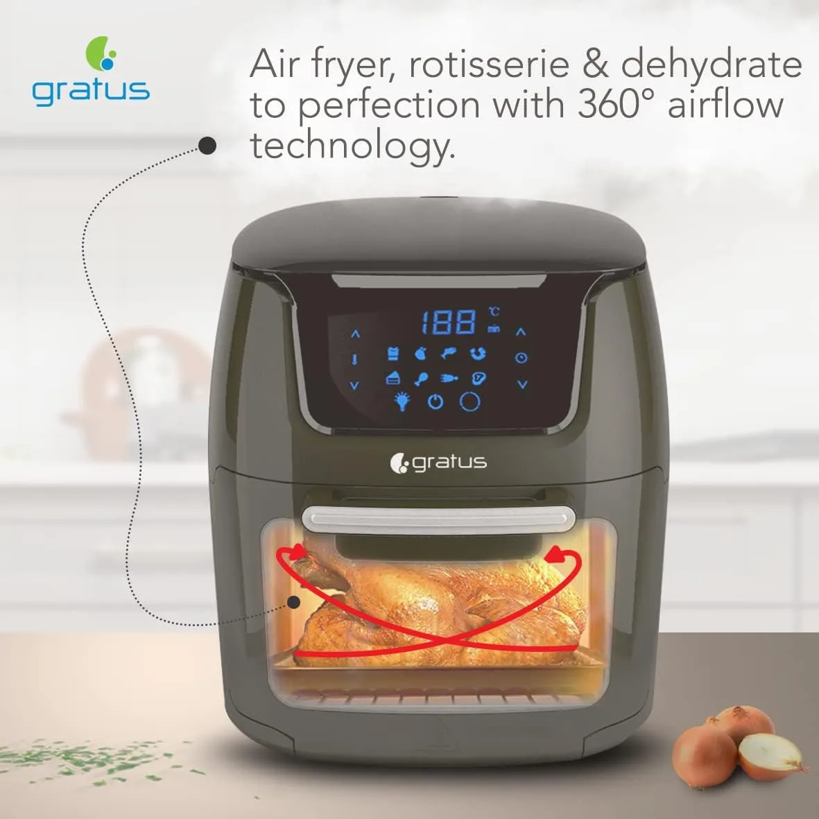 Gratus Air Fryer, The healthy Airfyer which leads you to Oil free,Low fat cooking. 12L Capacity, Digital Display,2 Year Warranty, Overheating Protection Function Inbuild, 1800 W 3