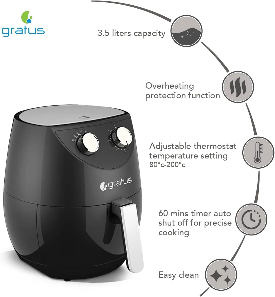 Gratus Air Fryer, The healthy Airfyer which leads you to Oil free,Low fat cooking. 3.5L Capacity, Overheating Protection Function Inbuilt, 1800 W 3