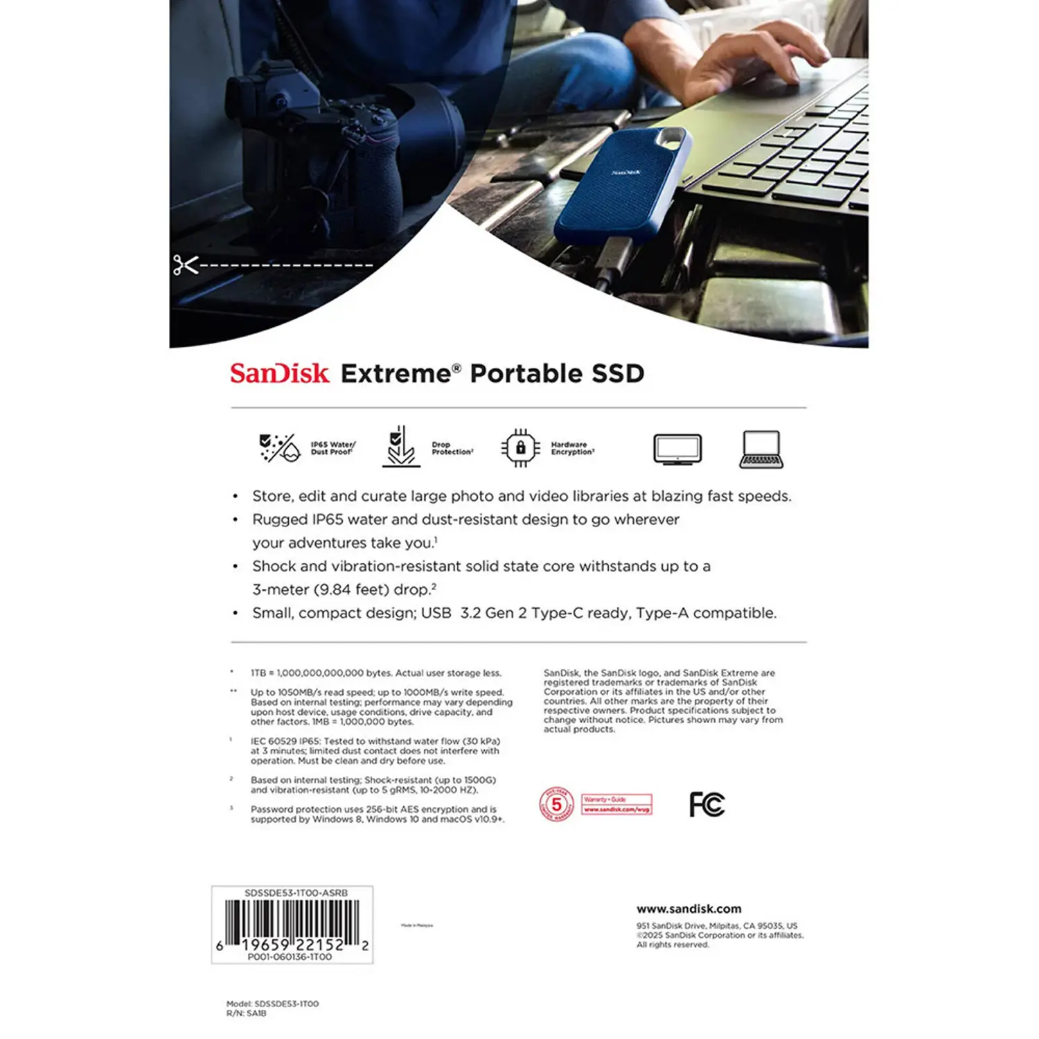 SANDISK SSD EXTREME PORTABLE 1050MB/S (SDSSDE53-1T00-ASRB) 1TB 3