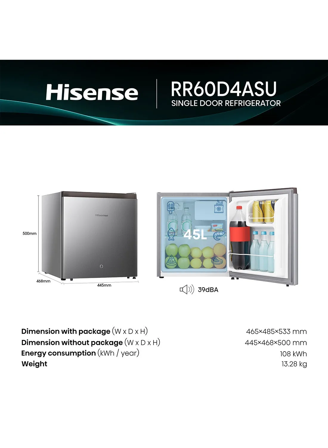 Hisense Refrigerator Single Door Mini 60Liters RR60D4ASU 3