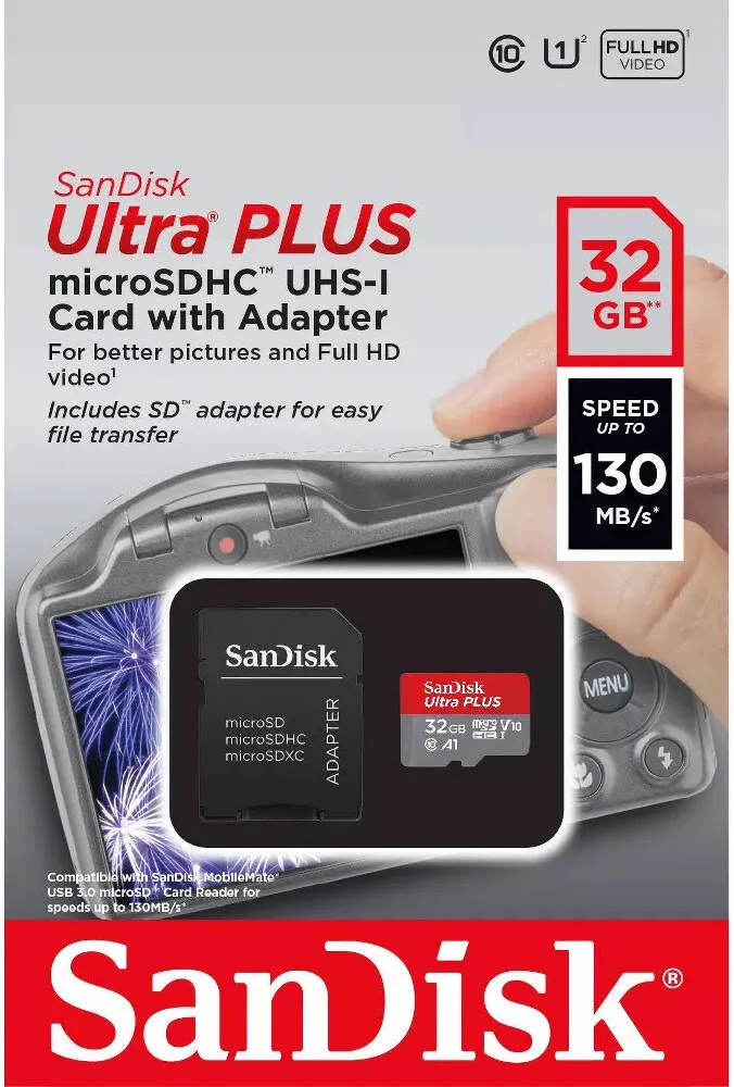 SANDISK MEMORY CARD MICRO SD ULTRA PLUS WITH ADAPTER 130MB/S (SDSQUB3-032G-ATGIA) 32GB 4