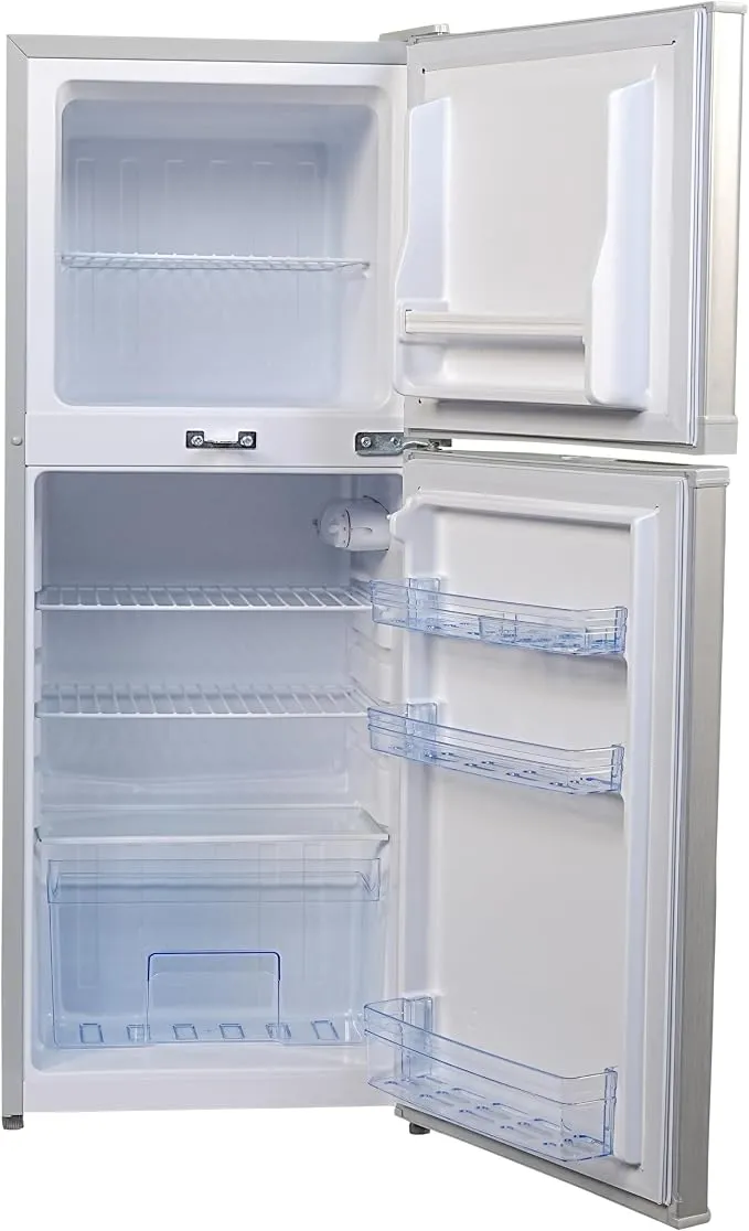 Akai 175L Double Door Top Mount Refrigerator with Freezer Compartment, Toughened Glass Shelves, Multi Air Flow Cooling, Retractable Shelves, Silver – RFMA178HS6