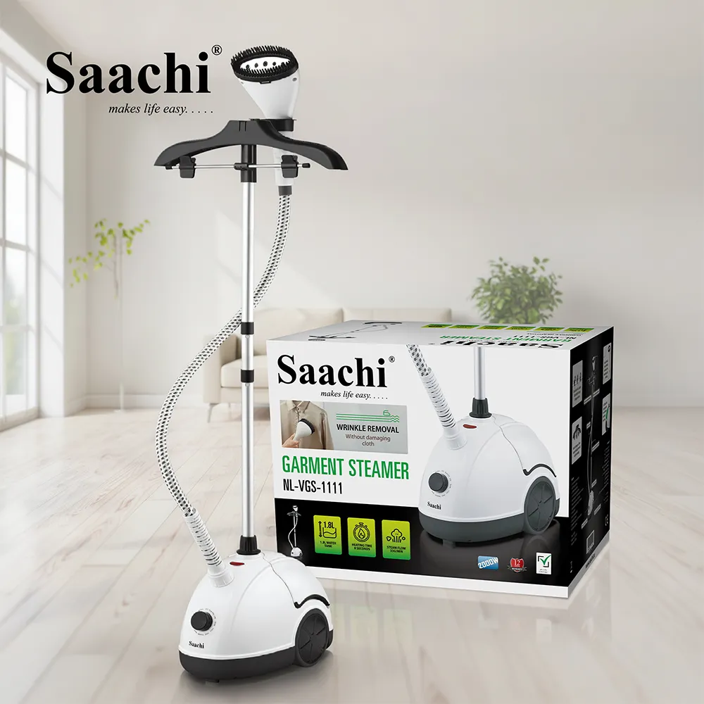 Saachi NL-VGS-1111-WH Upright Garment Steamer, 2000W, 1.8L Water Tank, 11 Steam Levels, 33g/min Steam Output, Up to 60-Minute Continuous Steam, 360° Rotating Hanger, Adjustable Aluminium Pole, 1.3m Hose and Anti-Scale Boiler – White