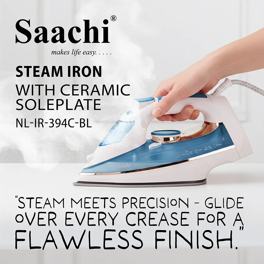 Saachi Steam Iron NL-IR-394C-BL, Ceramic Soleplate, 320ml Water Tank, Adjustable Steam & Spray, Burst and Self-Clean Function, 2200W, White/Blue 4