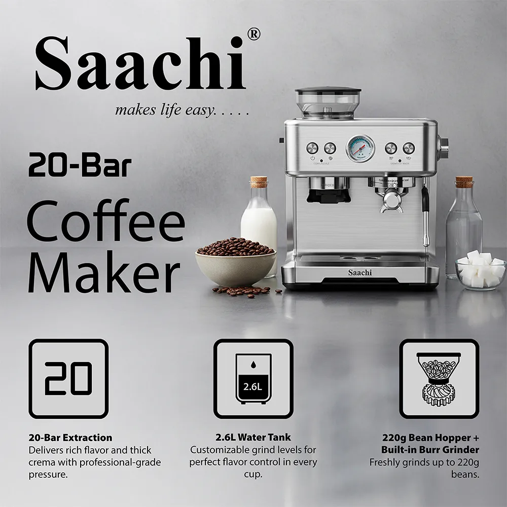 Saachi NL-COF-7070-ST 20-Bar Espresso Coffee Maker with Built-In Grinder, 2250W, Italian ULKA Pump, 20 Grind Settings, 220g Bean Hopper, 2.6L Water Tank, PID Temperature Control, Double Heating System, 58mm Portafilter, Pressure Gauge and Steam Milk Frother – Silver 4