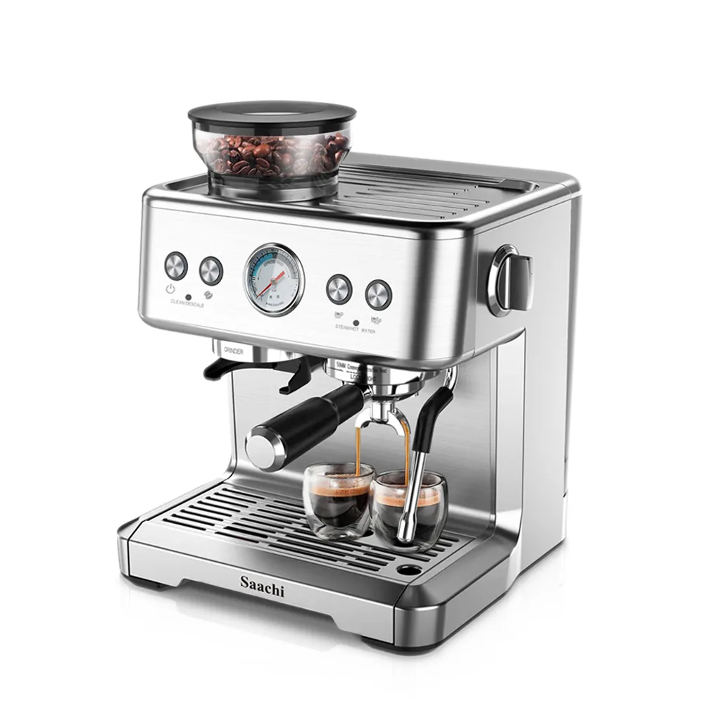 Saachi NL-COF-7070-ST 20-Bar Espresso Coffee Maker with Built-In Grinder, 2250W, Italian ULKA Pump, 20 Grind Settings, 220g Bean Hopper, 2.6L Water Tank, PID Temperature Control, Double Heating System, 58mm Portafilter, Pressure Gauge and Steam Milk Frother – Silver
