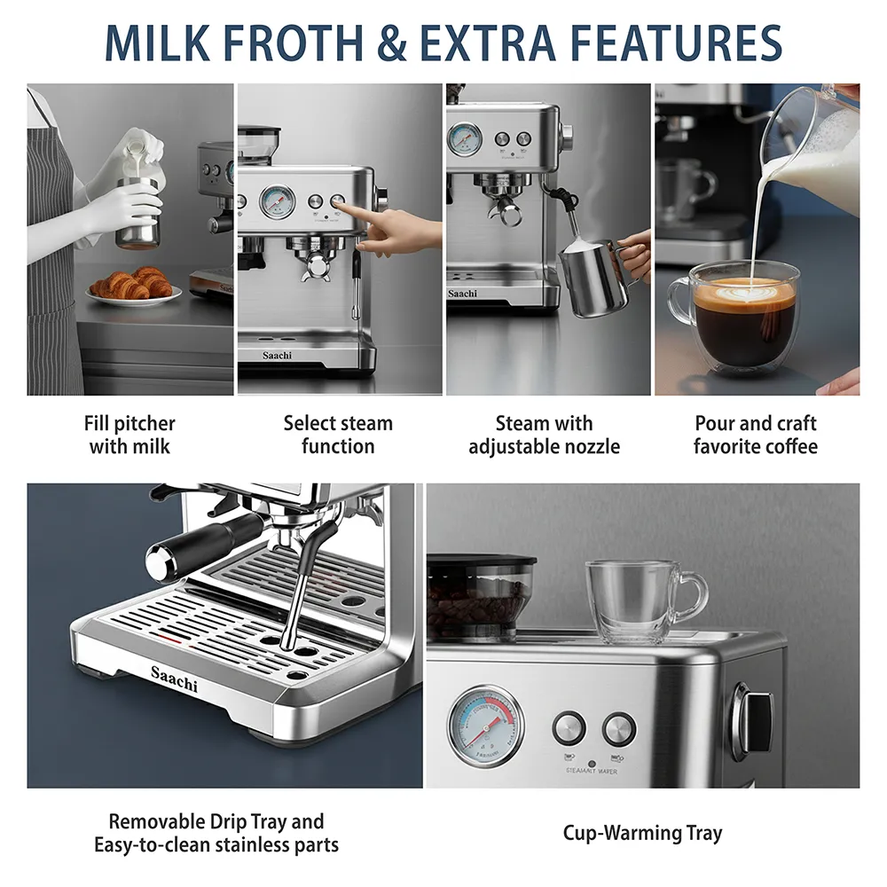 Saachi NL-COF-7070-ST 20-Bar Espresso Coffee Maker with Built-In Grinder, 2250W, Italian ULKA Pump, 20 Grind Settings, 220g Bean Hopper, 2.6L Water Tank, PID Temperature Control, Double Heating System, 58mm Portafilter, Pressure Gauge and Steam Milk Frother – Silver 3