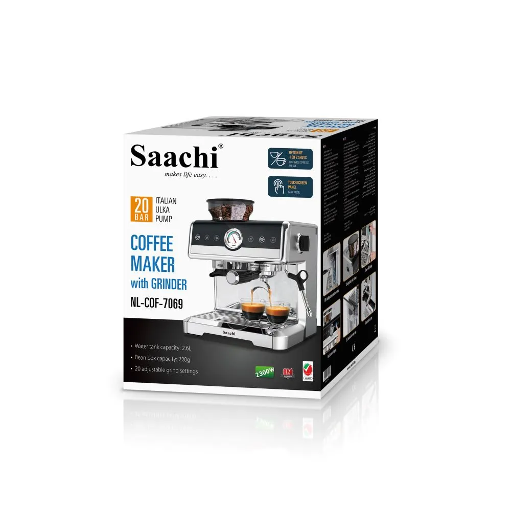 Saachi NL-COF-7069-ST 20-Bar Espresso Coffee Maker with Built-In Grinder, 2250W, Italian ULKA Pump, 20 Grind Settings, 220g Bean Hopper, 2.6L Water Tank, PID Temperature Control, Dual Heating System, 58mm Portafilter, Pressure Gauge and Steam Milk Frother – Silver 3