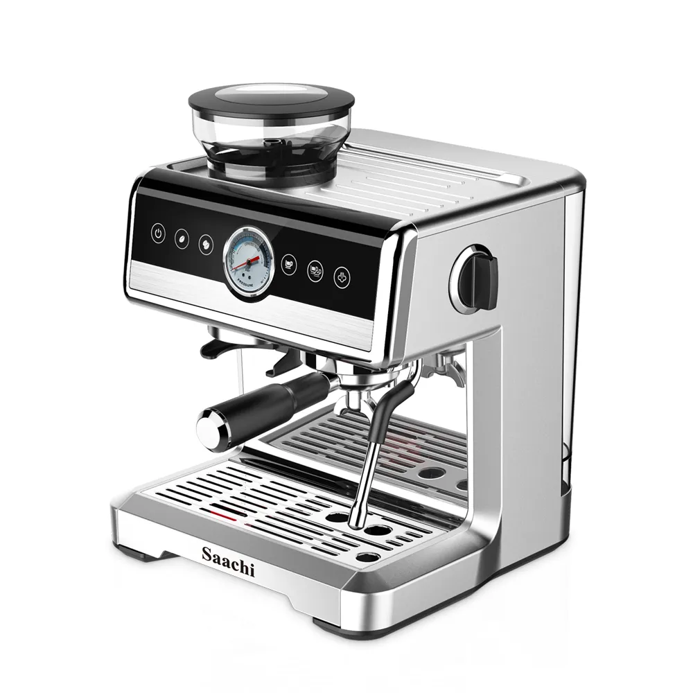 Saachi NL-COF-7069-ST 20-Bar Espresso Coffee Maker with Built-In Grinder, 2250W, Italian ULKA Pump, 20 Grind Settings, 220g Bean Hopper, 2.6L Water Tank, PID Temperature Control, Dual Heating System, 58mm Portafilter, Pressure Gauge and Steam Milk Frother – Silver