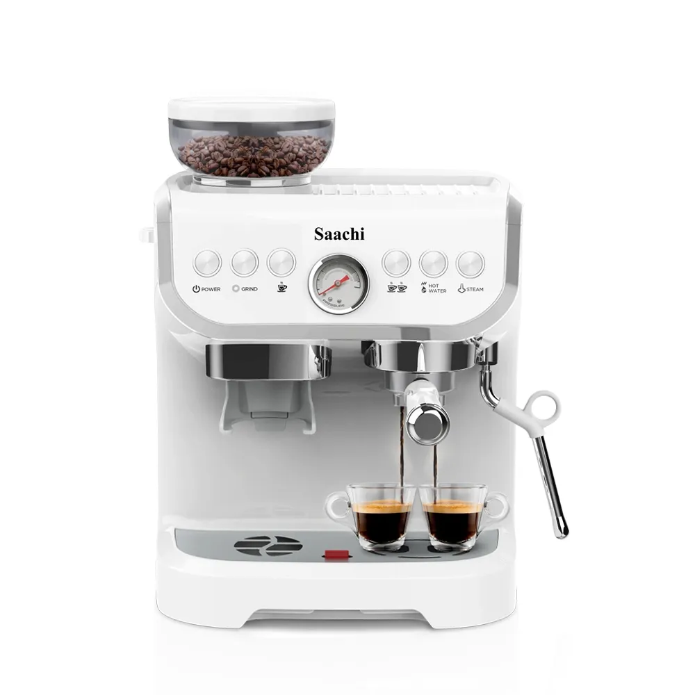 Saachi NL-COF-7066CG-WH 19-Bar Espresso Coffee Maker with Integrated Conical Burr Grinder, 1450W, 30 Grind Settings, 110g Bean Hopper, 2L Removable Water Tank, Thermoblock Heating, Pressure Gauge, Steam Milk Frother, Double-Shot Filter and Cup Warmer – White 3