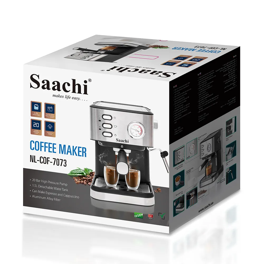 Saachi NL-COF-7073-BK 20-Bar Espresso Coffee Maker, 1050W Cappuccino & Latte Machine, 1.5L Removable Water Tank, Swivel Steam Milk Frother, Dual Stainless-Steel Filters, Cup-Warming Plate and Removable Drip Tray – Black 2