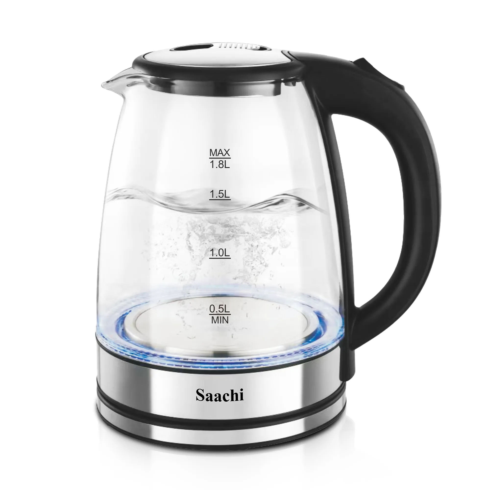 Saachi NL-KT-7777G 1.8L Electric Glass Kettle, 1500W Rapid Boil, Blue LED Light, Automatic Shut-Off, Boil-Dry & Overheat Protection, Concealed Heating Element, 360° Cordless Base and Heat-Resistant Handle – Black/Clear