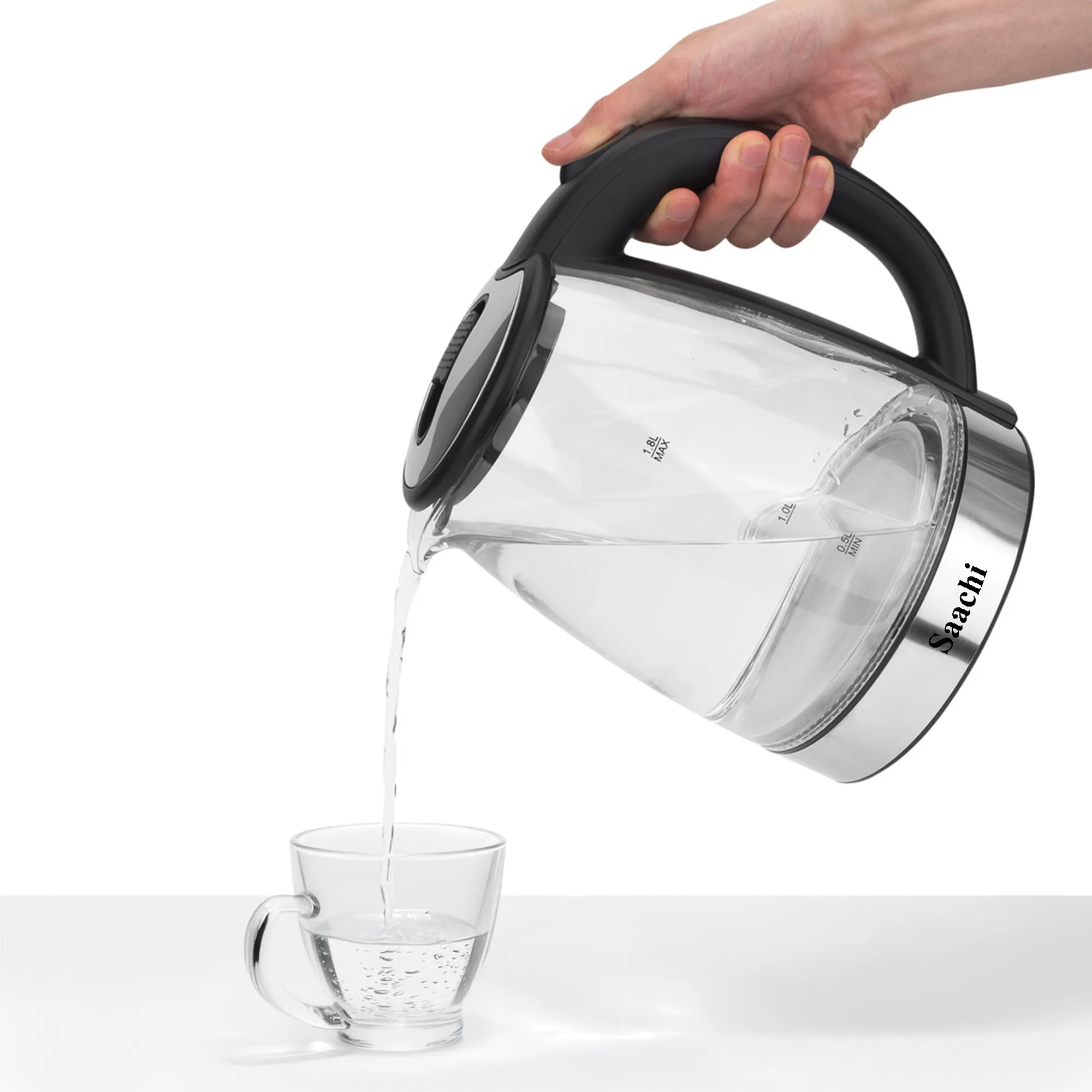 Saachi NL-KT-7777G 1.8L Electric Glass Kettle, 1500W Rapid Boil, Blue LED Light, Automatic Shut-Off, Boil-Dry & Overheat Protection, Concealed Heating Element, 360° Cordless Base and Heat-Resistant Handle – Black/Clear 3