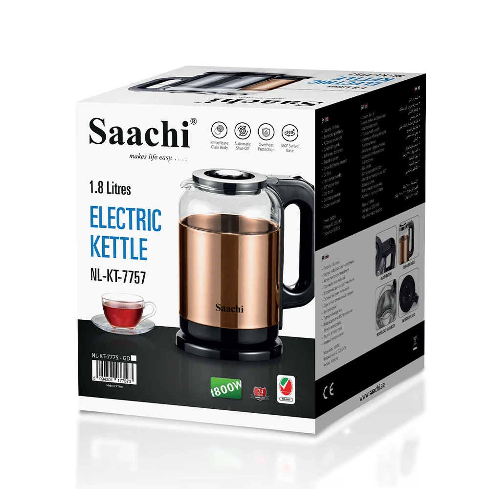 Saachi Premium 1.8L Gold Kettle with Borosilicate Glass & Auto Shut-off NL-KT-7757-GD