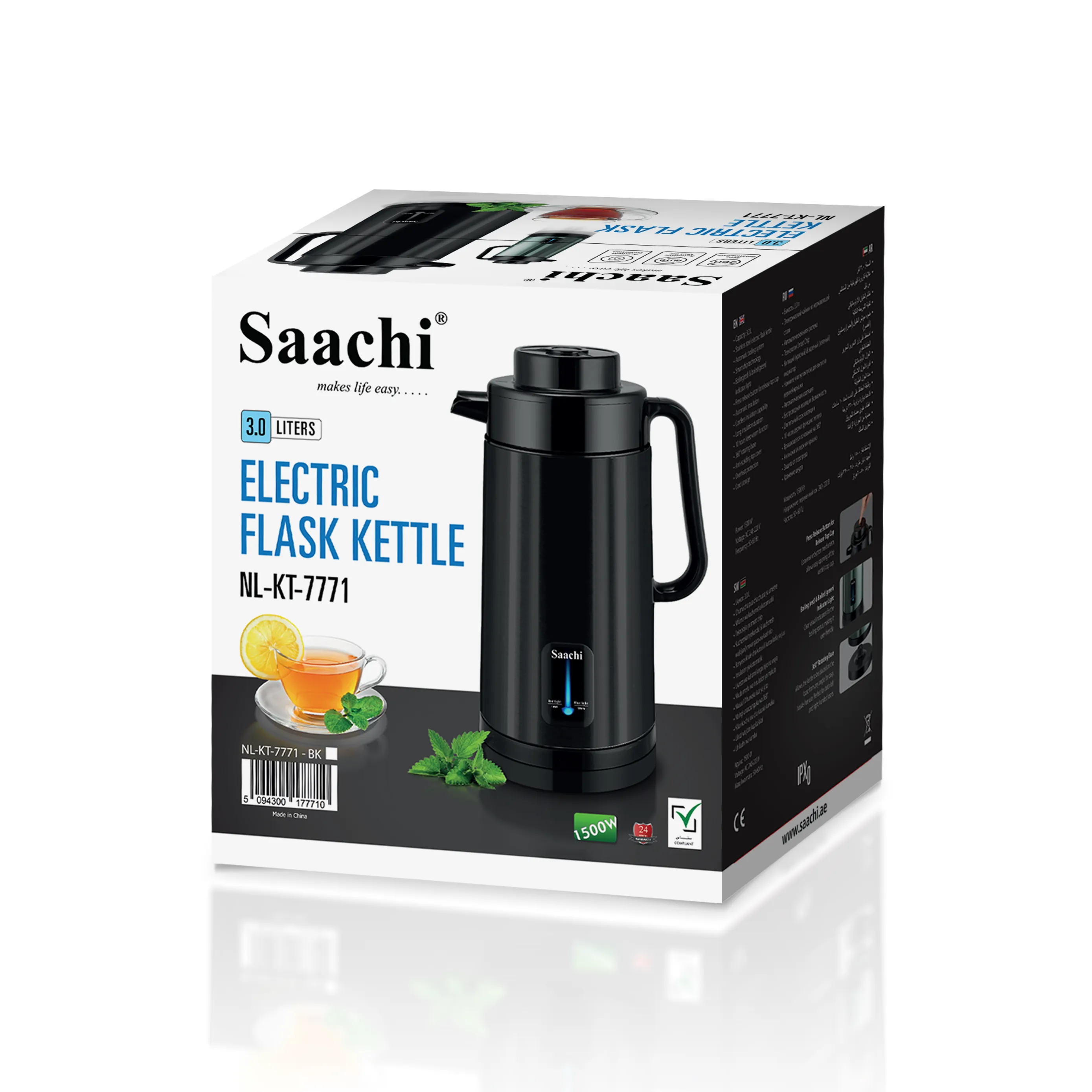 Saachi NL-KT-7771-BK 3.0L Stainless-Steel Electric Flask Kettle, 1500W, Smart-Chip Automatic Boil, Up to 10-Hour Keep-Warm, Overheat Protection, 360° Cordless Base, Press-Release Lid & Anti-Scalding Top – Black 3