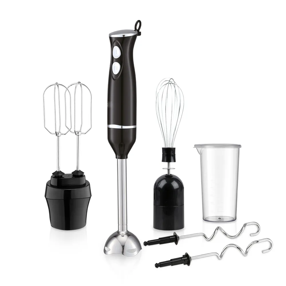 Saachi NL-CH-4267-BK 5-in-1 Hand Blender, 200W Immersion Blender with 2 Speeds, Stainless-Steel Blades, Removable Shaft, Whisk, Beater & Dough-Hook Attachments, 600ml Mixing Jar – Black