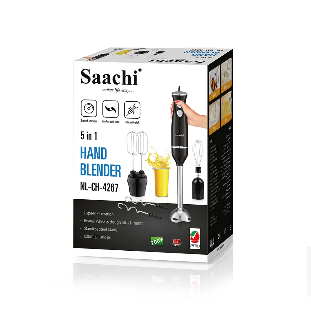 Saachi NL-CH-4267-BK 5-in-1 Hand Blender, 200W Immersion Blender with 2 Speeds, Stainless-Steel Blades, Removable Shaft, Whisk, Beater & Dough-Hook Attachments, 600ml Mixing Jar – Black