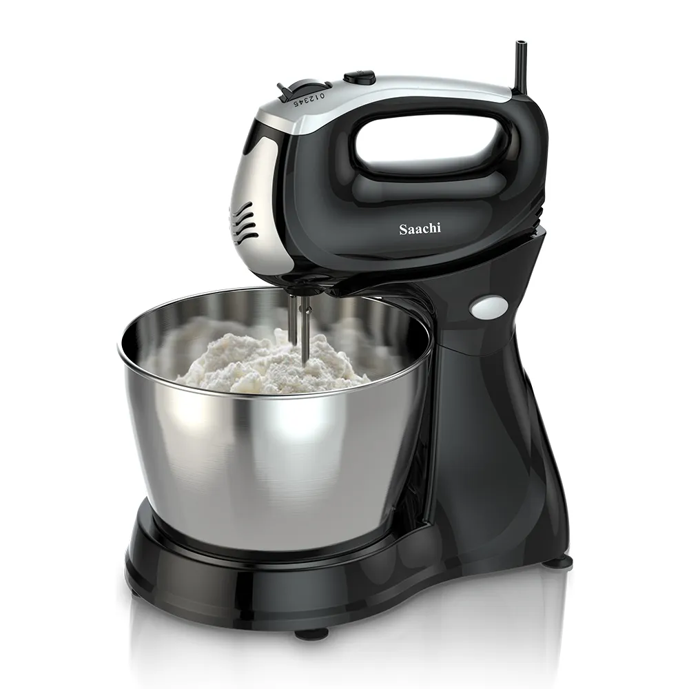 Saachi NL-HM-4157CB-BK 2.5L Hand Mixer with Rotating Stainless-Steel Bowl, 250W Motor, 5 Speeds + Turbo, Detachable Beaters & Dough Hooks, Whisk, Mix and Knead Functions, Chrome Finish – Black/Silver