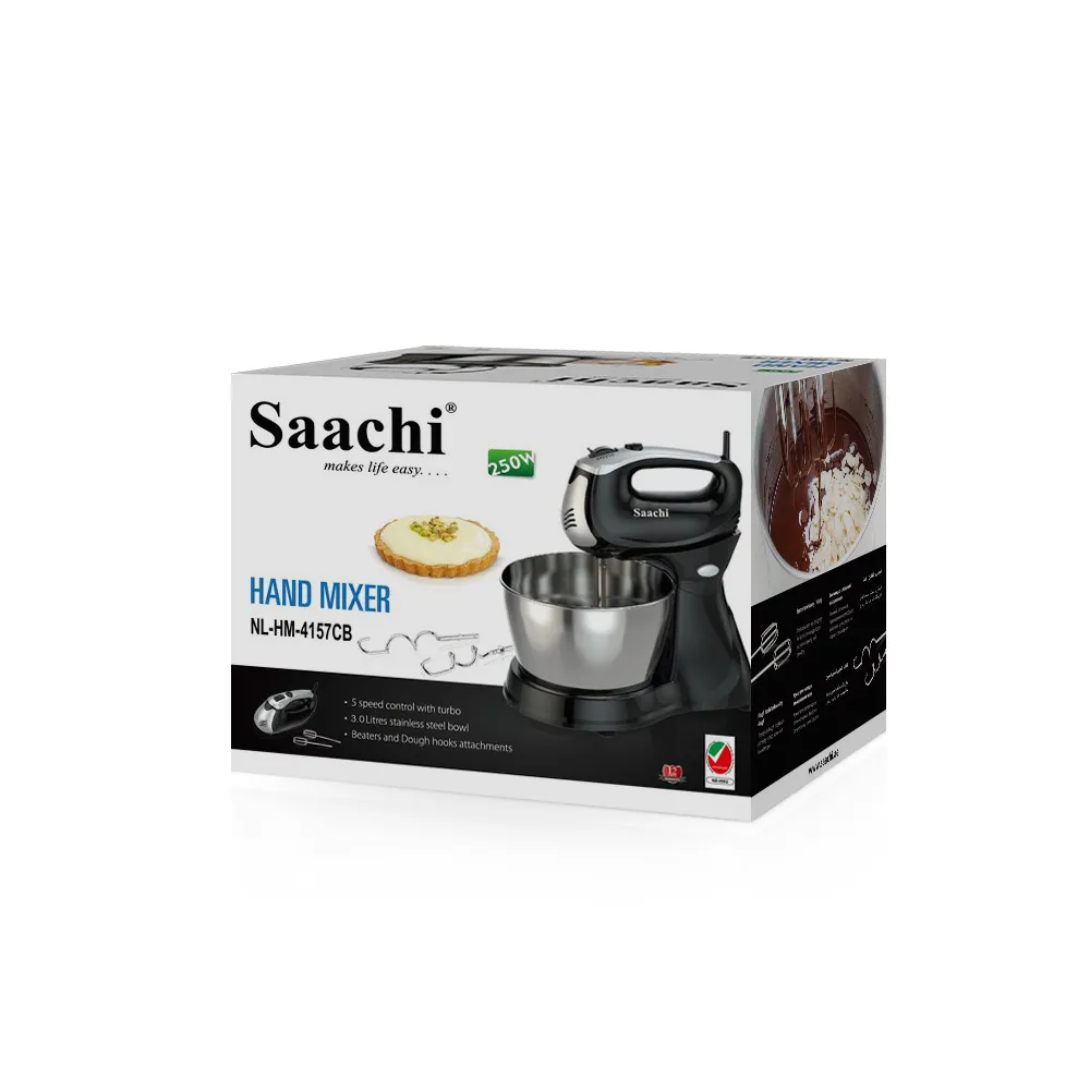 Saachi NL-HM-4157CB-BK 2.5L Hand Mixer with Rotating Stainless-Steel Bowl, 250W Motor, 5 Speeds + Turbo, Detachable Beaters & Dough Hooks, Whisk, Mix and Knead Functions, Chrome Finish – Black/Silver 3
