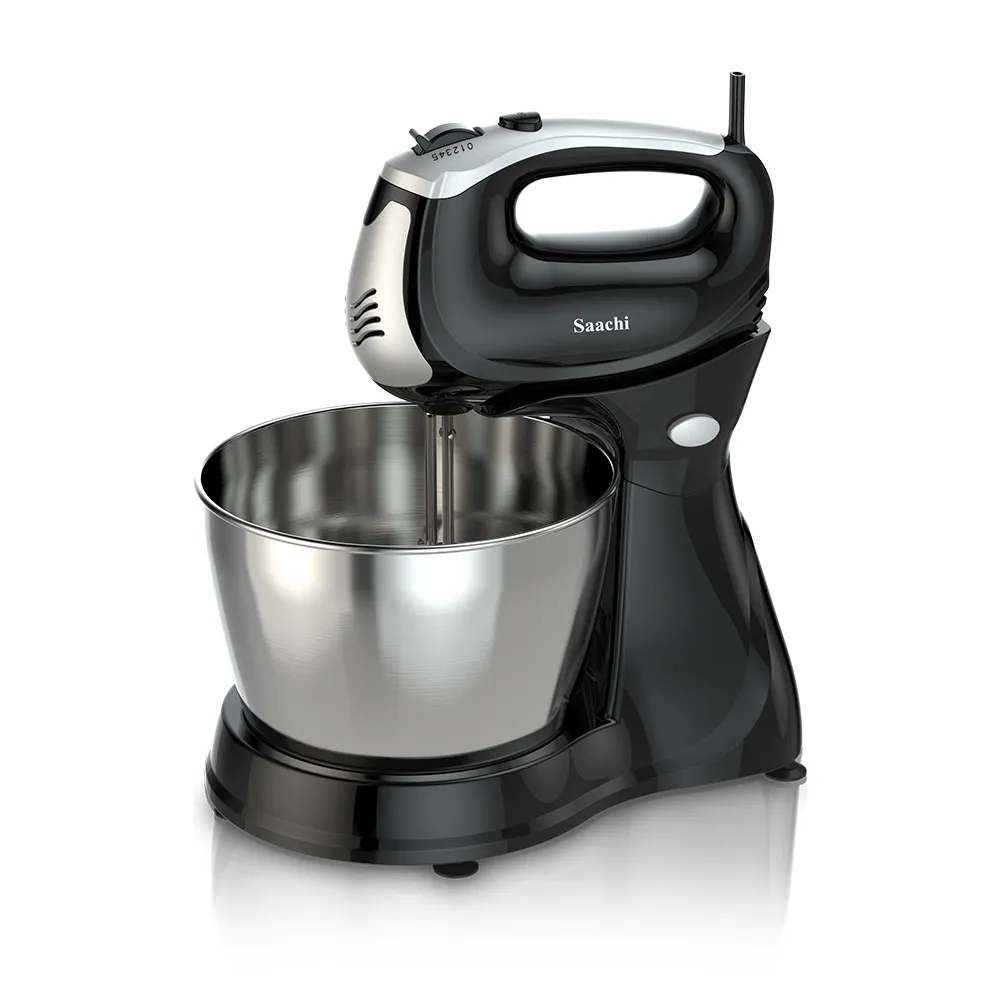Saachi NL-HM-4157CB-BK 2.5L Hand Mixer with Rotating Stainless-Steel Bowl, 250W Motor, 5 Speeds + Turbo, Detachable Beaters & Dough Hooks, Whisk, Mix and Knead Functions, Chrome Finish – Black/Silver