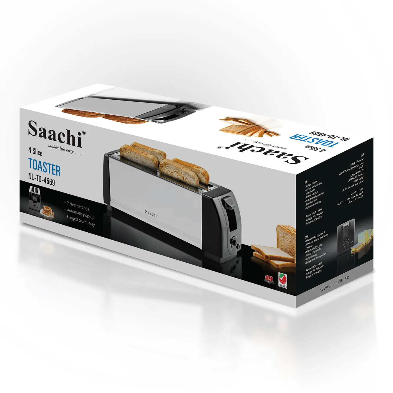 Saachi NL-TO-4569-BK 4-Slice Pop-Up Toaster, 1300W, 7 Browning Settings, Automatic Pop-Up, Stop Function, Hinged Crumb Tray & Stainless-Steel Panel – Black 2