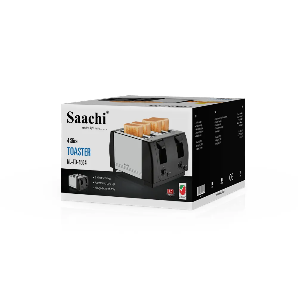 Saachi NL-TO-4564-BK 4-Slice Pop-Up Toaster, 1300W, 7 Browning Settings, Automatic Pop-Up, Stop Function, Hinged Crumb Tray & Stainless-Steel Front Panel – Black 2
