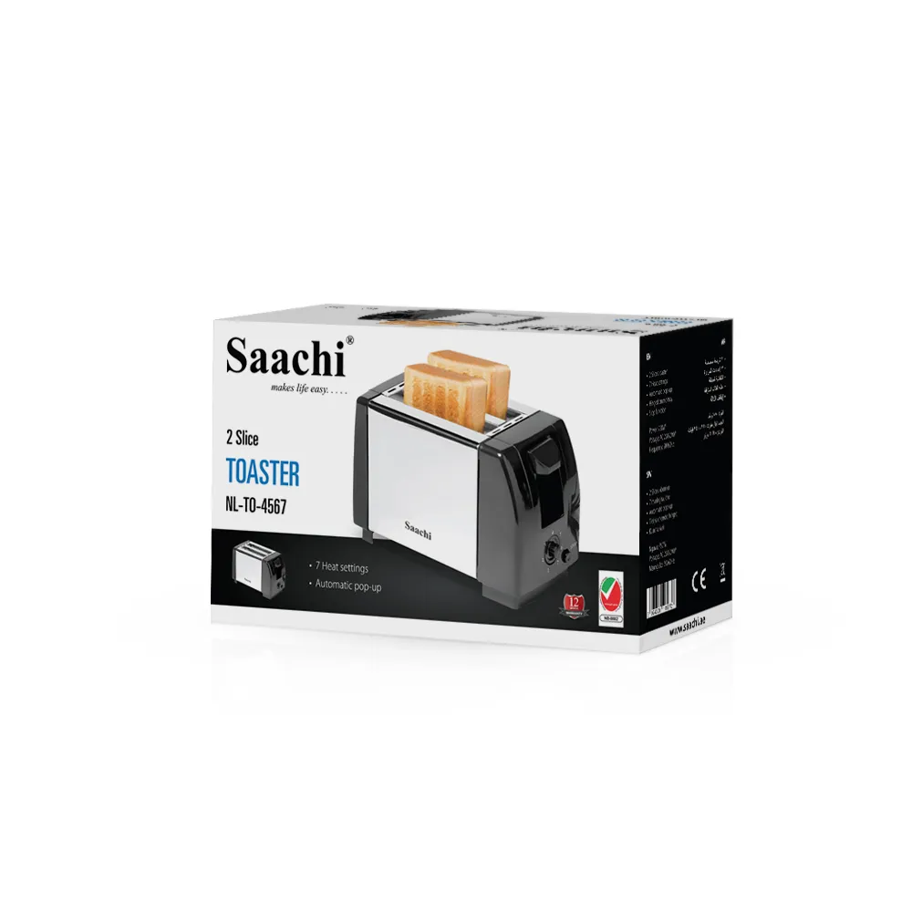 Saachi NL-TO-4567-BK 2-Slice Pop-Up Toaster, 750W, 7 Browning Settings, Automatic Pop-Up, Stop Function, Hinged Crumb Tray, Cool-Touch Panels & Stainless-Steel Finish – Black 3