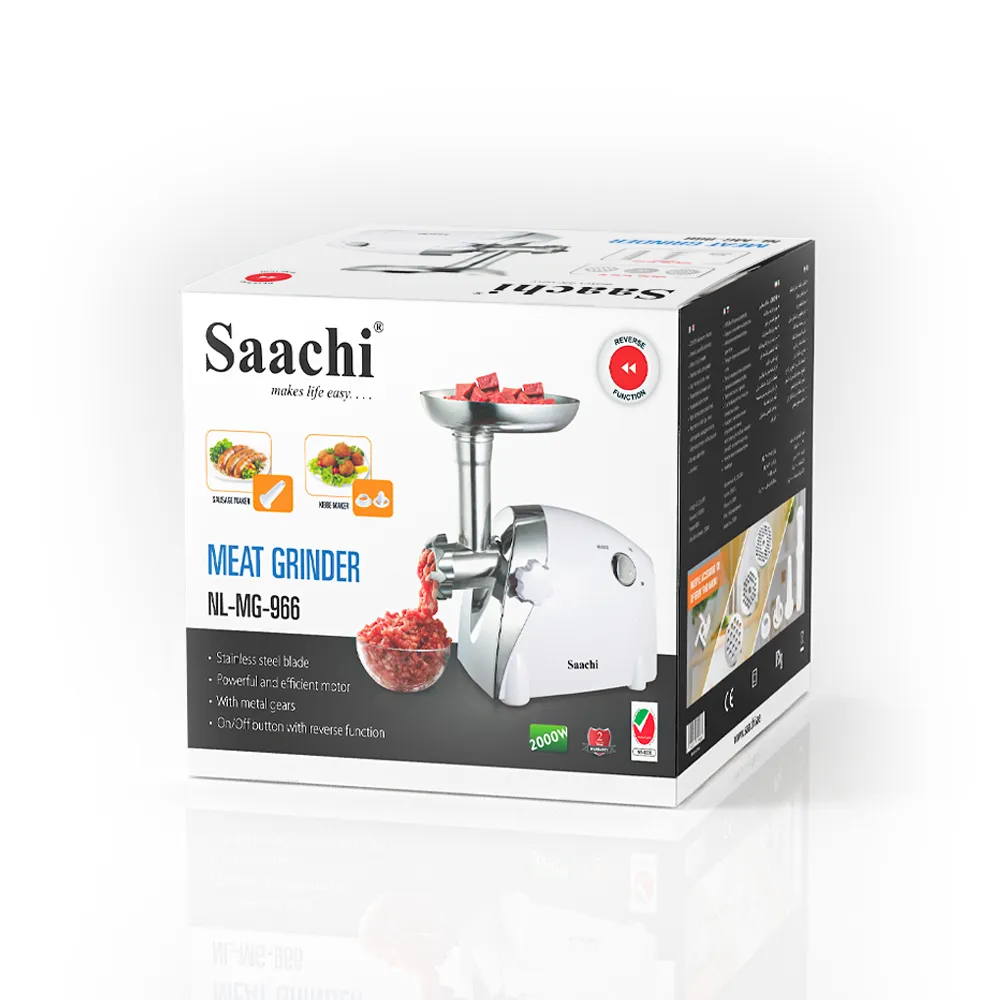Saachi NL-MG-966-WH Electric Meat Grinder & Mincer, 2000W Full-Copper Motor, Stainless-Steel Blade, Reverse Function, 3mm/5mm/7mm Grinding Plates, Sausage & Kibbeh Attachments, Motor Circuit Breaker, Detachable Grinder Head & Non-Slip Base – White