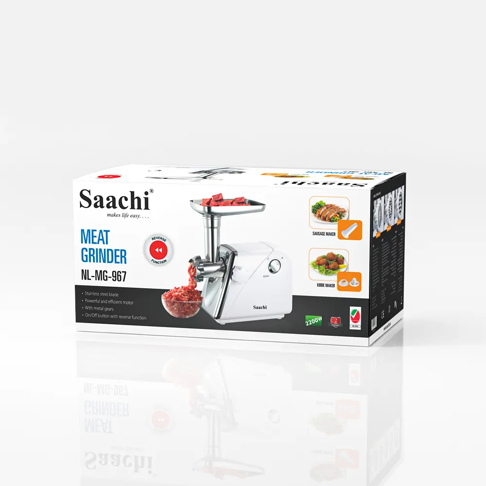 Saachi NL-MG-967-WH Electric Meat Grinder & Mincer, 2200W Full-Copper Motor, Stainless-Steel Cutting Blade, Reverse Function, 3mm/5mm/7mm Grinding Plates, Sausage & Kibbeh Attachments, Motor Circuit Breaker, Detachable Grinder Head & Non-Slip Base – White