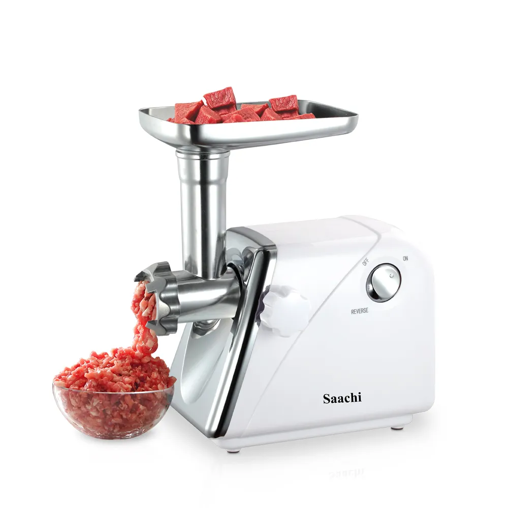 Saachi NL-MG-967-WH Electric Meat Grinder & Mincer, 2200W Full-Copper Motor, Stainless-Steel Cutting Blade, Reverse Function, 3mm/5mm/7mm Grinding Plates, Sausage & Kibbeh Attachments, Motor Circuit Breaker, Detachable Grinder Head & Non-Slip Base – White