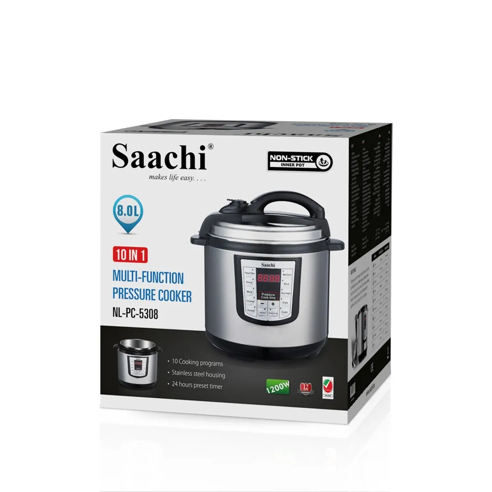 Saachi NL-PC-5308-BK 8L Electric Pressure Cooker & Multi-Cooker, 1200W, 10 Cooking Programs, LED Display, 24-Hour Preset Timer, Non-Stick Inner Pot, Keep-Warm, Safety Float Valve, Overheat Protection & Stainless-Steel Housing – Black/Grey