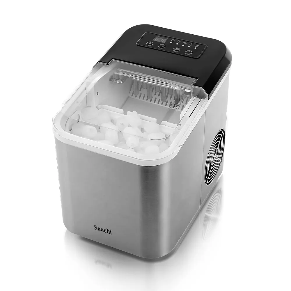 Saachi NL-IM-451-ST Electric Ice Maker, 1.6L Water Tank, Up to 15kg Ice per Day, 9 Bullet Ice Cubes Every 6–8 Minutes, Small & Large Ice Sizes, Auto-Clean, Removable Basket & Stainless-Steel Housing – Silver