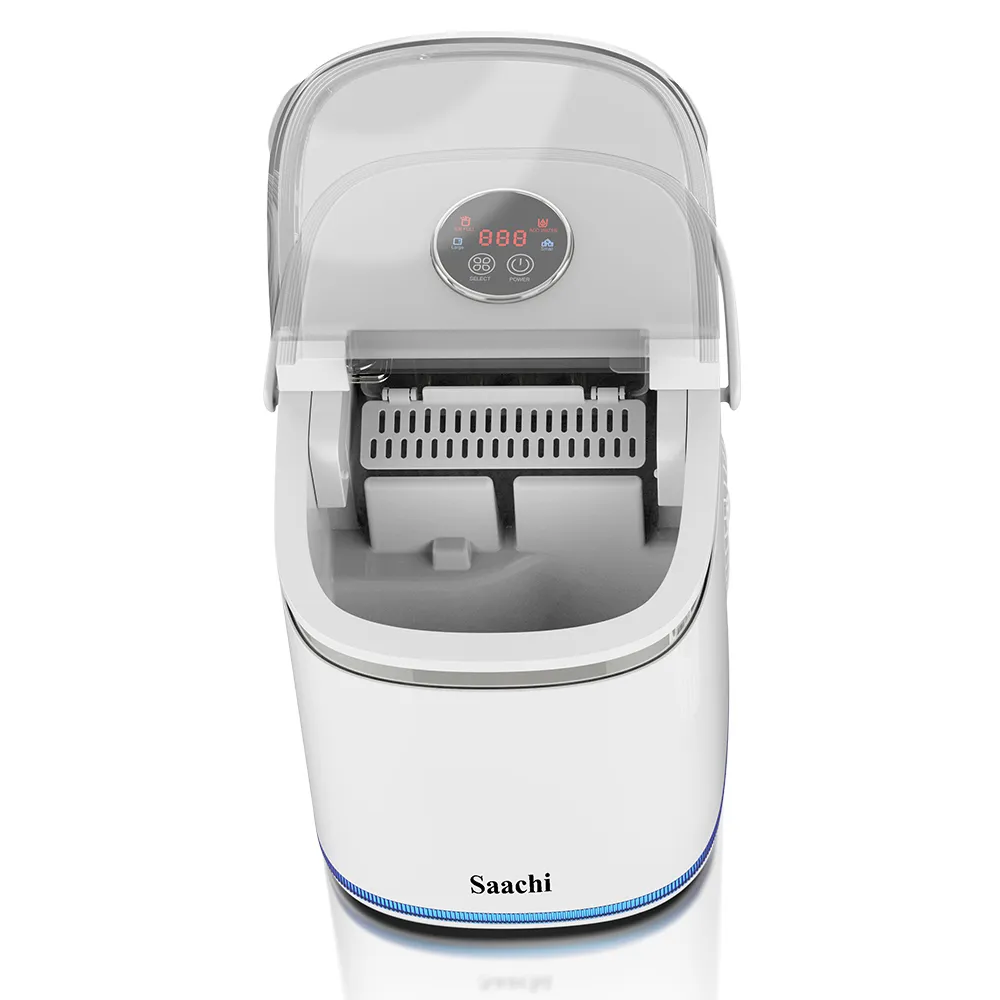 Saachi NL-IM-453-WH Electric Ice Maker, 2.2L Water Tank, Up to 15kg Ice per Day, 9 Bullet Ice Cubes Every 6–8 Minutes, Small & Large Ice Sizes, Auto-Clean, Removable Basket, Stainless-Steel Housing – White