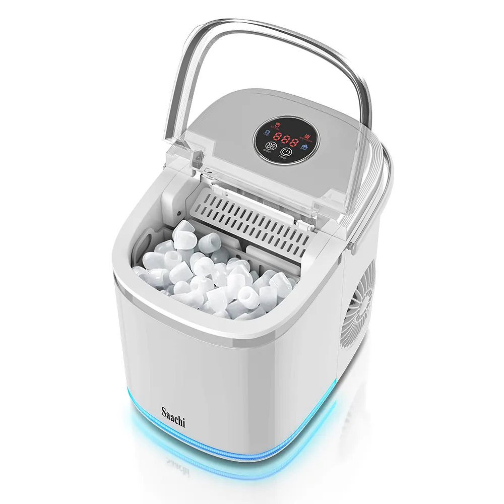 Saachi NL-IM-453-WH Electric Ice Maker, 2.2L Water Tank, Up to 15kg Ice per Day, 9 Bullet Ice Cubes Every 6–8 Minutes, Small & Large Ice Sizes, Auto-Clean, Removable Basket, Stainless-Steel Housing – White