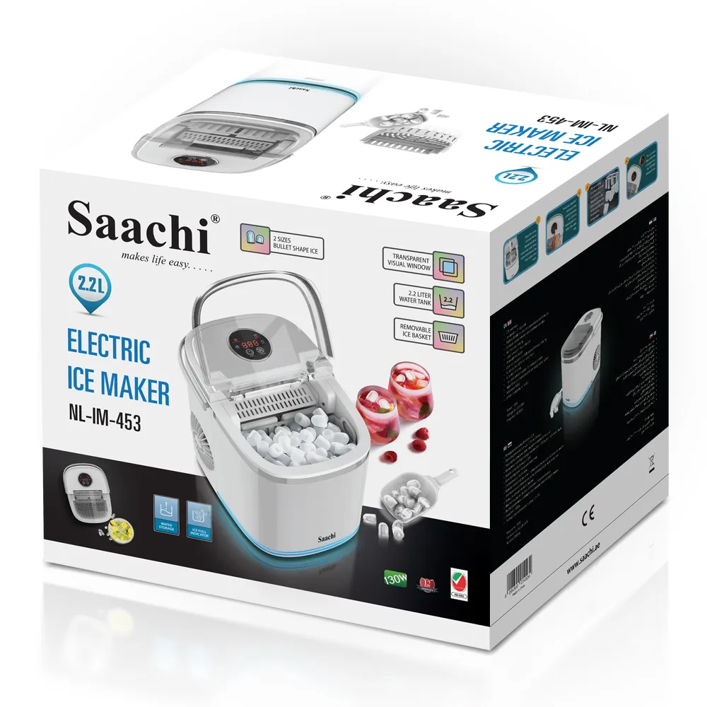 Saachi NL-IM-453-WH Electric Ice Maker, 2.2L Water Tank, Up to 15kg Ice per Day, 9 Bullet Ice Cubes Every 6–8 Minutes, Small & Large Ice Sizes, Auto-Clean, Removable Basket, Stainless-Steel Housing – White 3
