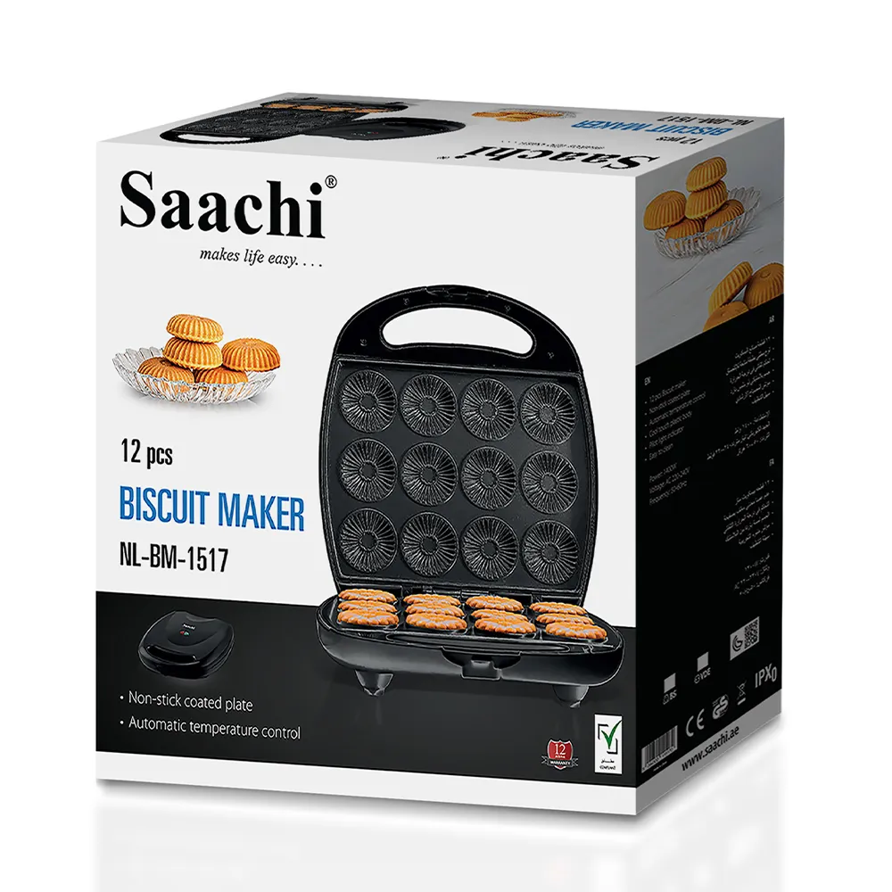 Saachi NL-BM-1517-BK 12-Piece Biscuit & Cookie Maker, 1400W, Non-Stick Cooking Plate, Automatic Thermostat Control, Pilot Indicator Light, Cool-Touch Plastic Housing & Easy-Clean Design – Black