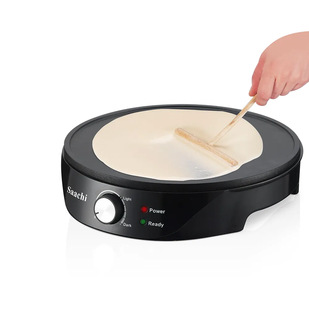 Saachi NL-CM-1863-BK 30cm Anjero & Crepe Maker, 1000W, Non-Stick Cooking Plate, Adjustable Temperature Control, Power & Ready Indicators, Cord Storage, Wooden Spreader and Spatula Included – Black 4
