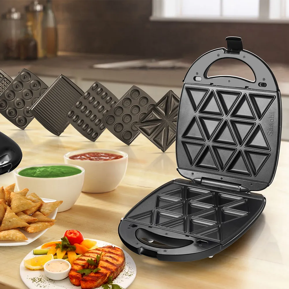 Saachi NL-7M-1542-BK 7-in-1 Multi Snack Maker, 1400W, 7 Removable Non-Stick Plate Sets for Samosas, Biscuits, Donuts, Sandwiches, Nutties, Waffles & Grilling, Automatic Thermostat, Indicator Lights & Cool-Touch Locking Handle – Black 3