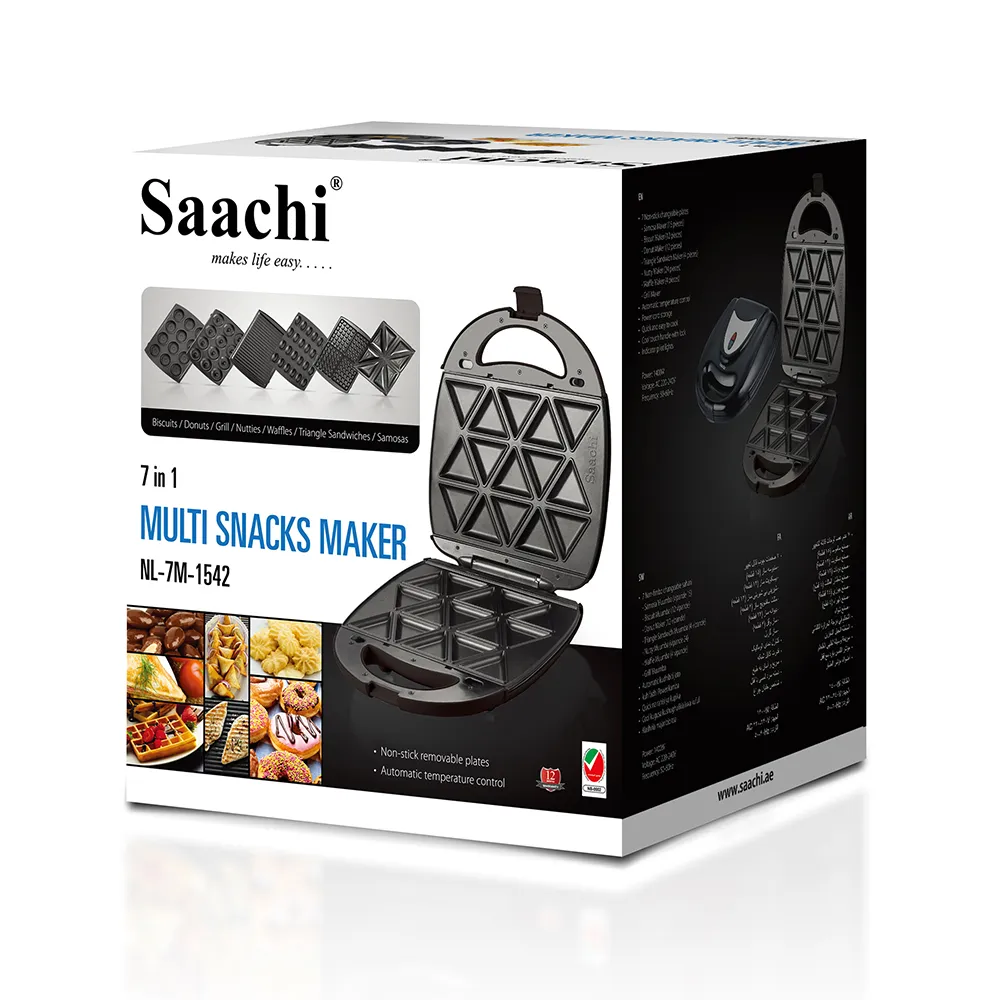 Saachi NL-7M-1542-BK 7-in-1 Multi Snack Maker, 1400W, 7 Removable Non-Stick Plate Sets for Samosas, Biscuits, Donuts, Sandwiches, Nutties, Waffles & Grilling, Automatic Thermostat, Indicator Lights & Cool-Touch Locking Handle – Black 4