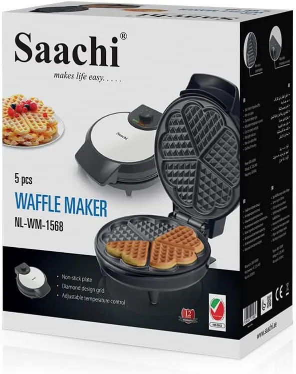 Saachi NL-WM-1568-BK Heart-Shaped Waffle Maker, 1000W, 5 Bite-Size Waffle Pieces, Diamond Grid Design, Adjustable Temperature Control, Non-Stick Plates & Cool-Touch Housing – Black 3