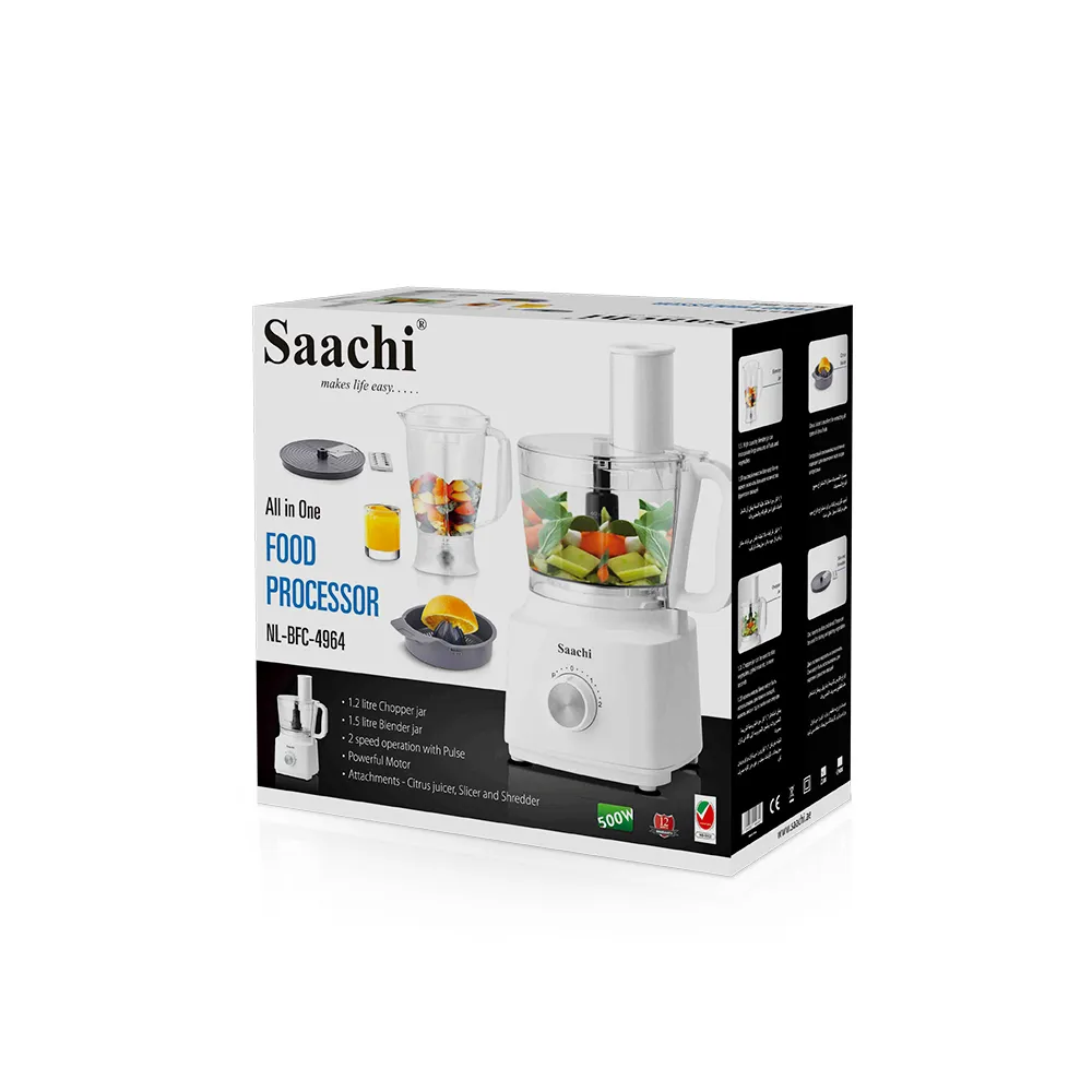 Saachi NL-BFC-4964-WH All-in-One Food Processor, 500W, 1.5L Blender Jar, 1.2L Chopper Bowl, 2 Speeds with Pulse, Citrus Juicer, Slicer & Shredder – White